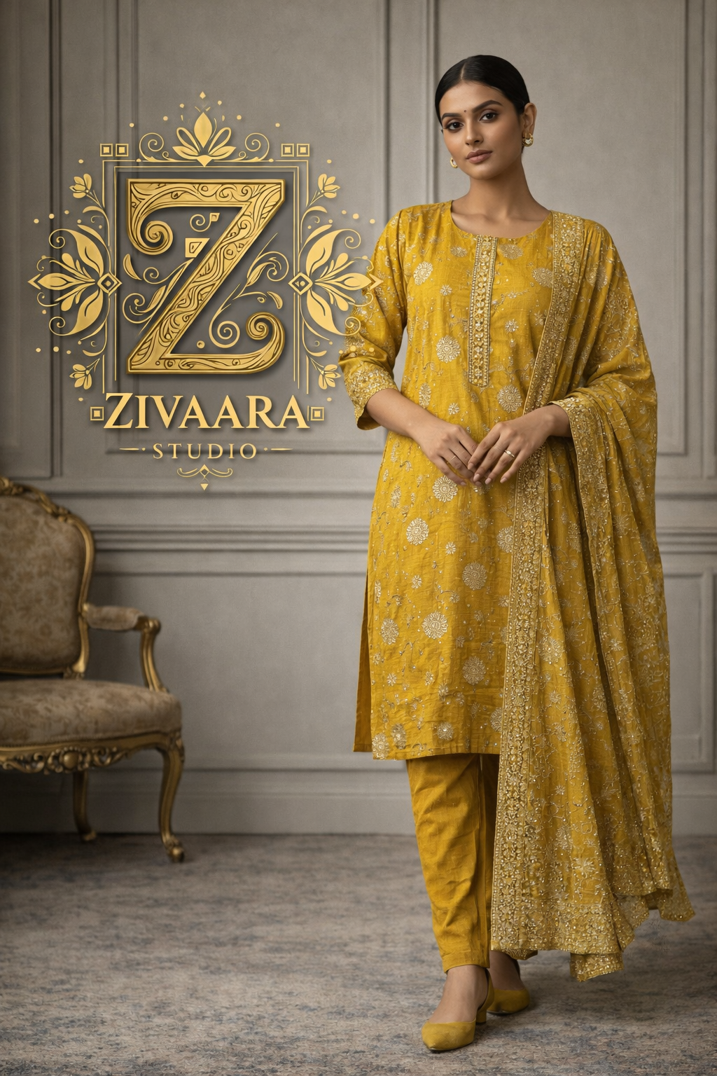 Sunehri Noor Zari Embroidered Silk Kurta detail view - Silk Kurta Set by ZIVAARA Studio