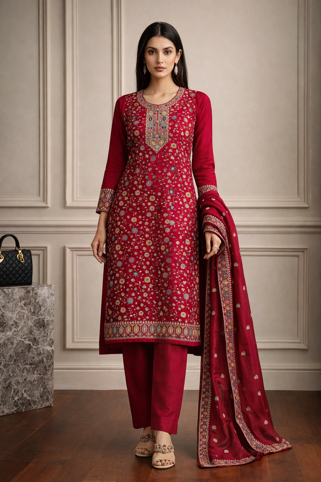Model wearing Gulnaar Royale Multicolor Embroidered Silk Kurta - Silk Kurta Set by ZIVAARA Studio