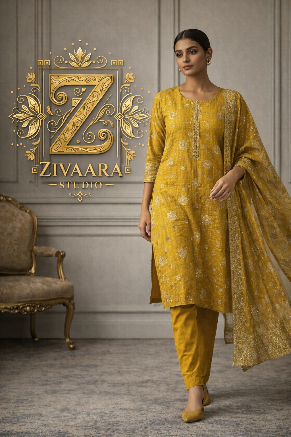 Model wearing Sunehri Noor Zari Embroidered Silk Kurta - Silk Kurta Set by ZIVAARA Studio