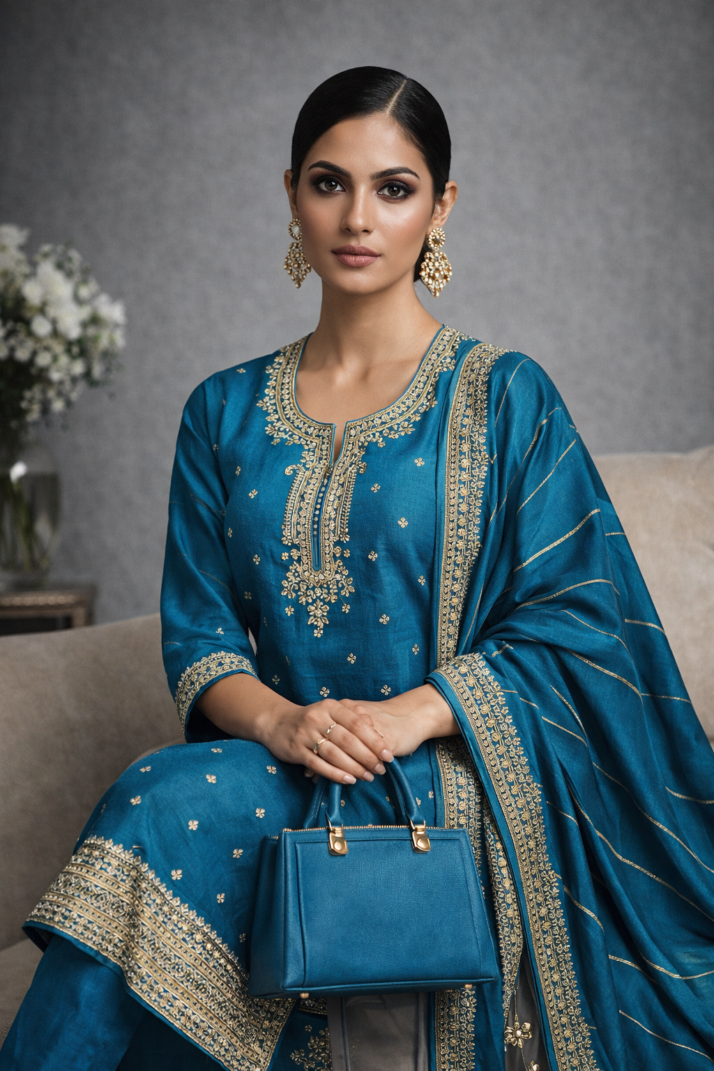 Royal Teal Zari Embroidered Silk Kurta side view - Silk Kurta Set by ZIVAARA Studio
