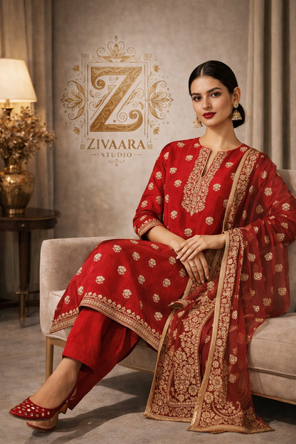Model wearing Ruhani Red Zari Embroidered Silk Kurta - Silk Kurta Set by ZIVAARA Studio