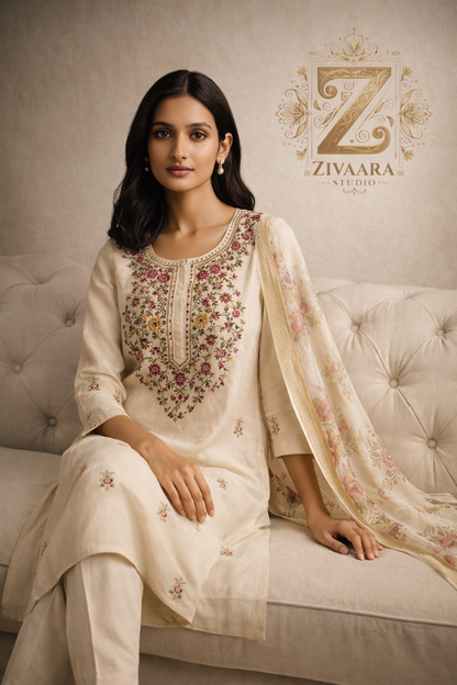 Ivory embroidered kurta set detail shot - ZIVAARA Studio