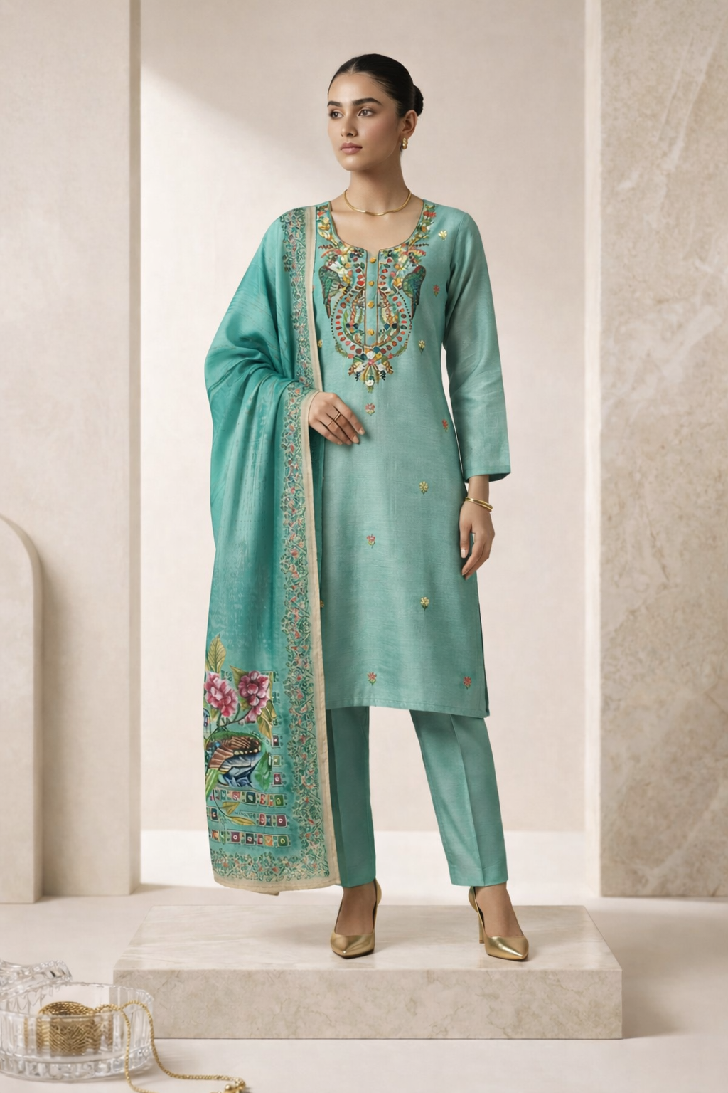 Model wearing Teal Phoenix Kurta Set - Kurta Set by ZIVAARA Studio