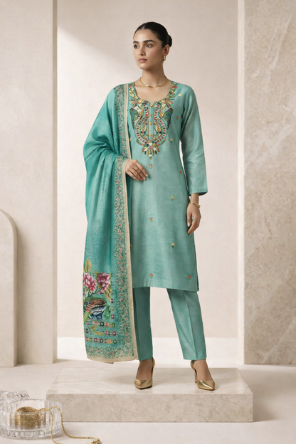 Model wearing Teal Phoenix Kurta Set - Kurta Set by ZIVAARA Studio