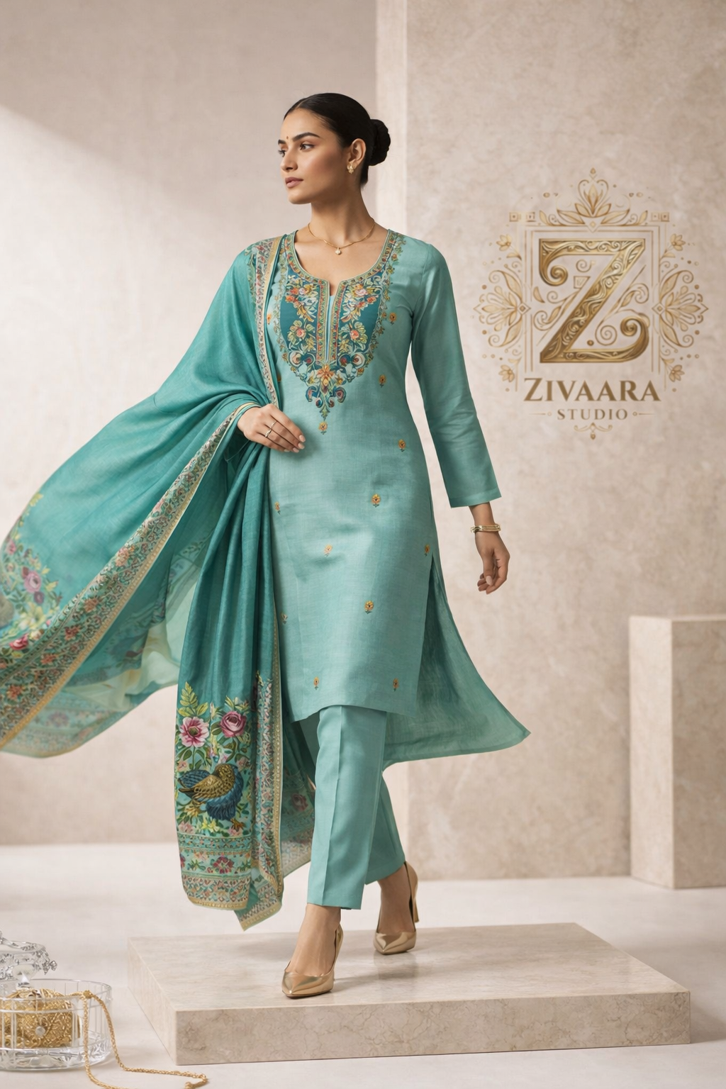 Striking Teal Phoenix Kurta Set - Kurta Set by ZIVAARA Studio