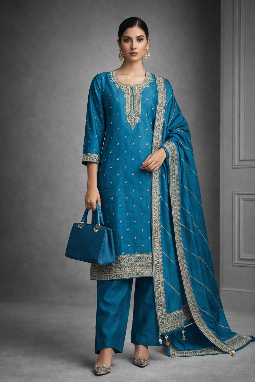 Royal Teal Zari Embroidered Silk Kurta detail view - Silk Kurta Set by ZIVAARA Studio