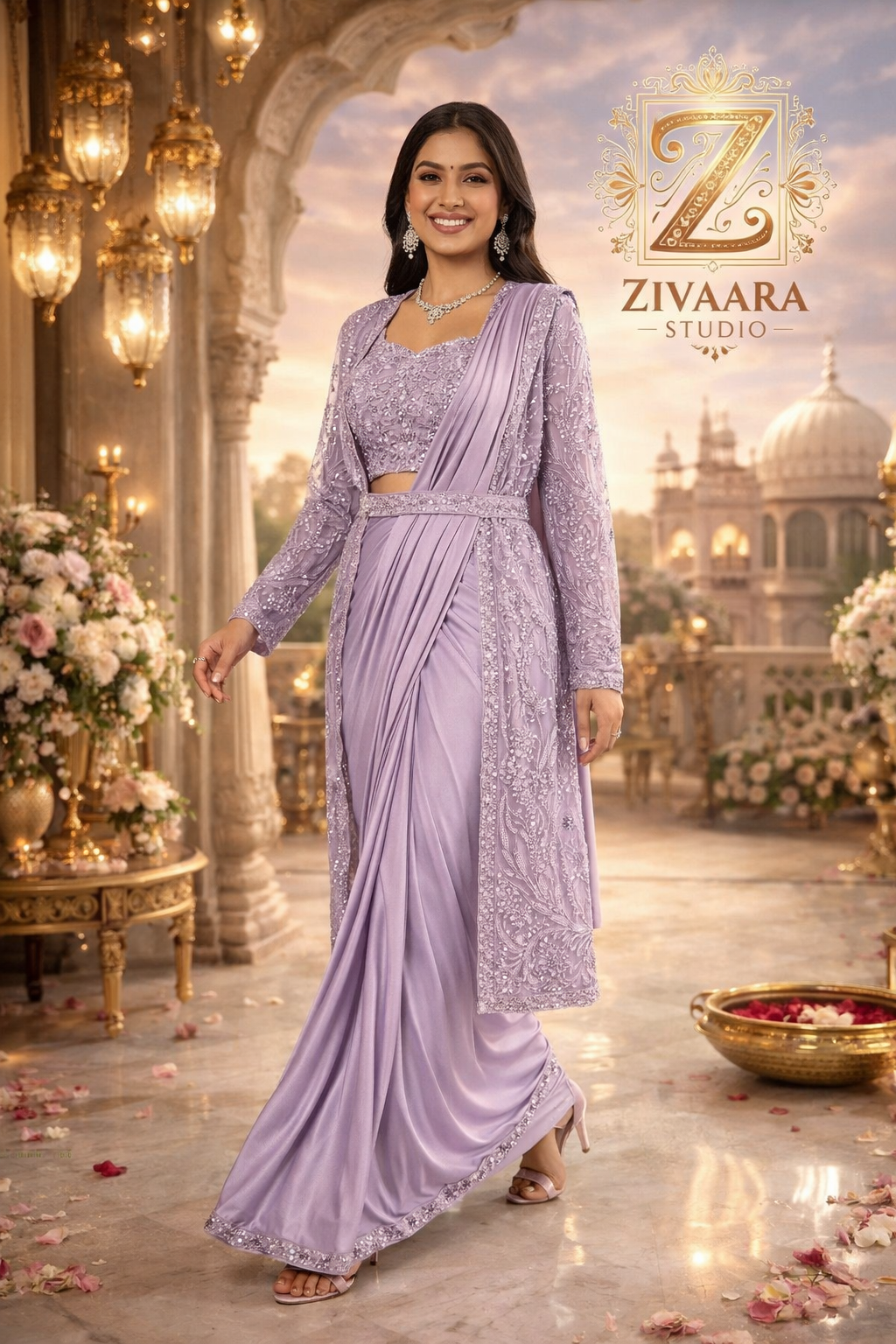 Lavender Amethyste Drape Saree side view - Saree by ZIVAARA Studio
