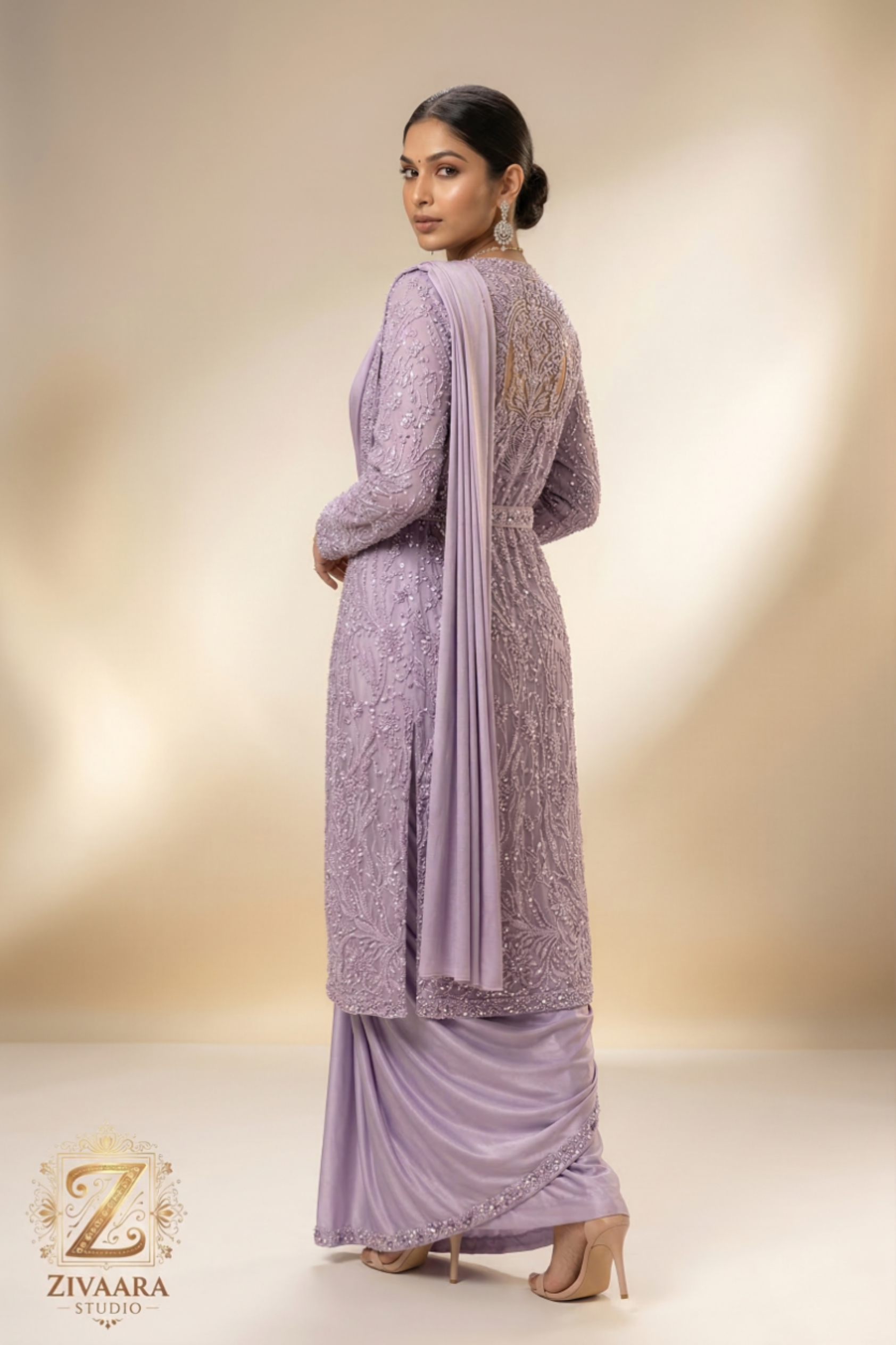 Lavender Amethyste Drape Saree full length view - Saree by ZIVAARA Studio