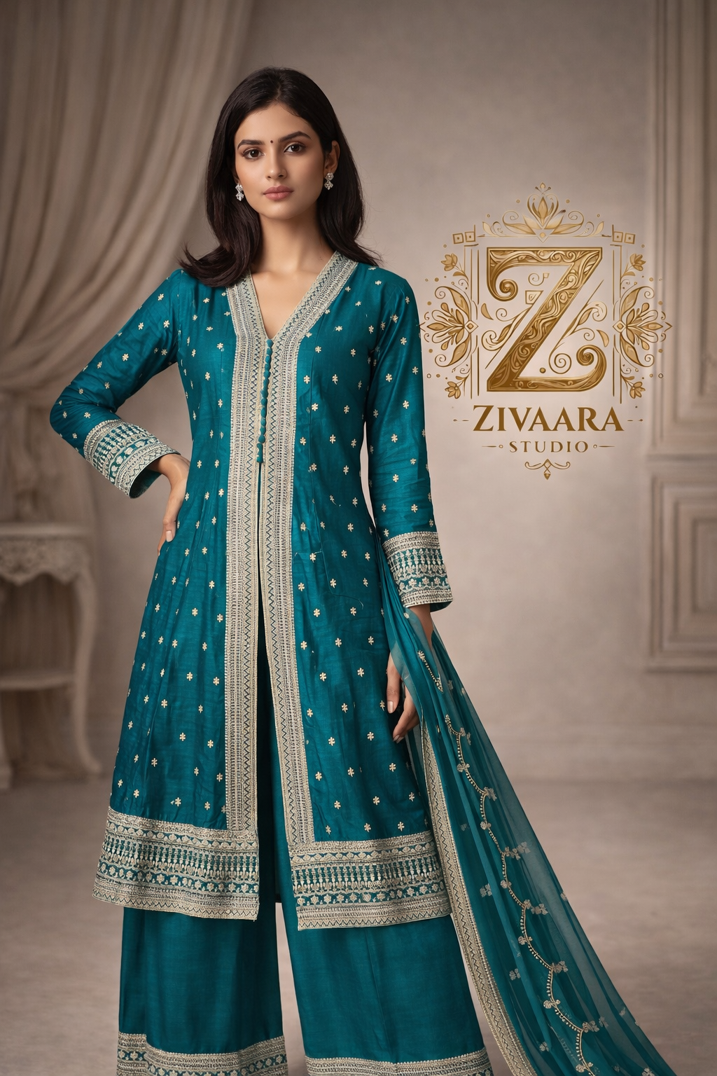 Model wearing Emerald Veil Zari Embroidered Anarkali - Anarkali Suit by ZIVAARA Studio