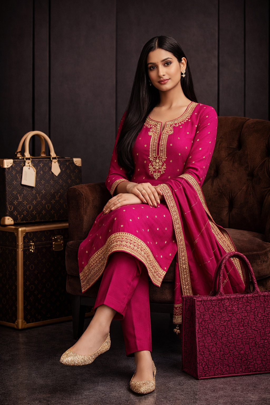 Rani Noor Pink Embroidered Silk Kurta side view - Silk Kurta Set by ZIVAARA Studio