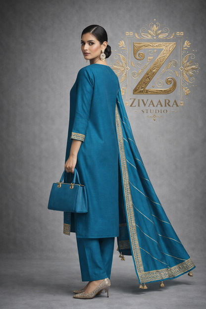 Model wearing Royal Teal Zari Embroidered Silk Kurta - Silk Kurta Set by ZIVAARA Studio