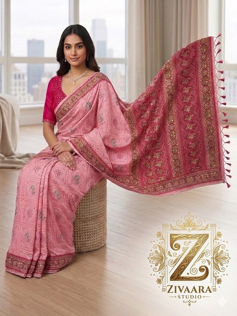 Vibrant Crimson Blossom Saree - Saree by ZIVAARA Studio
