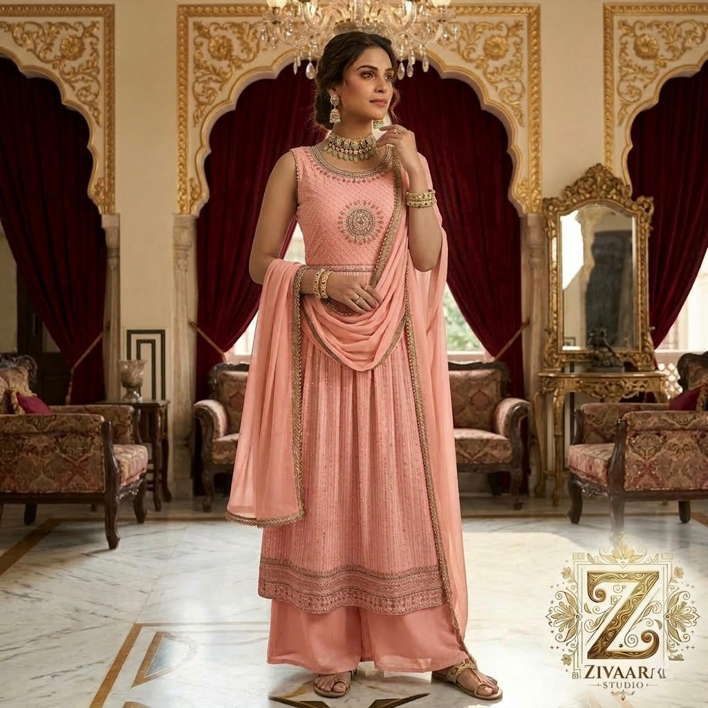 Model wearing Blush Royale Embroidered Kurta Sharara - Kurta Sharara Set by ZIVAARA Studio