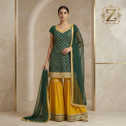 Jahanara Emerald Mustard Gharara Set side view - Gharara Set by ZIVAARA Studio