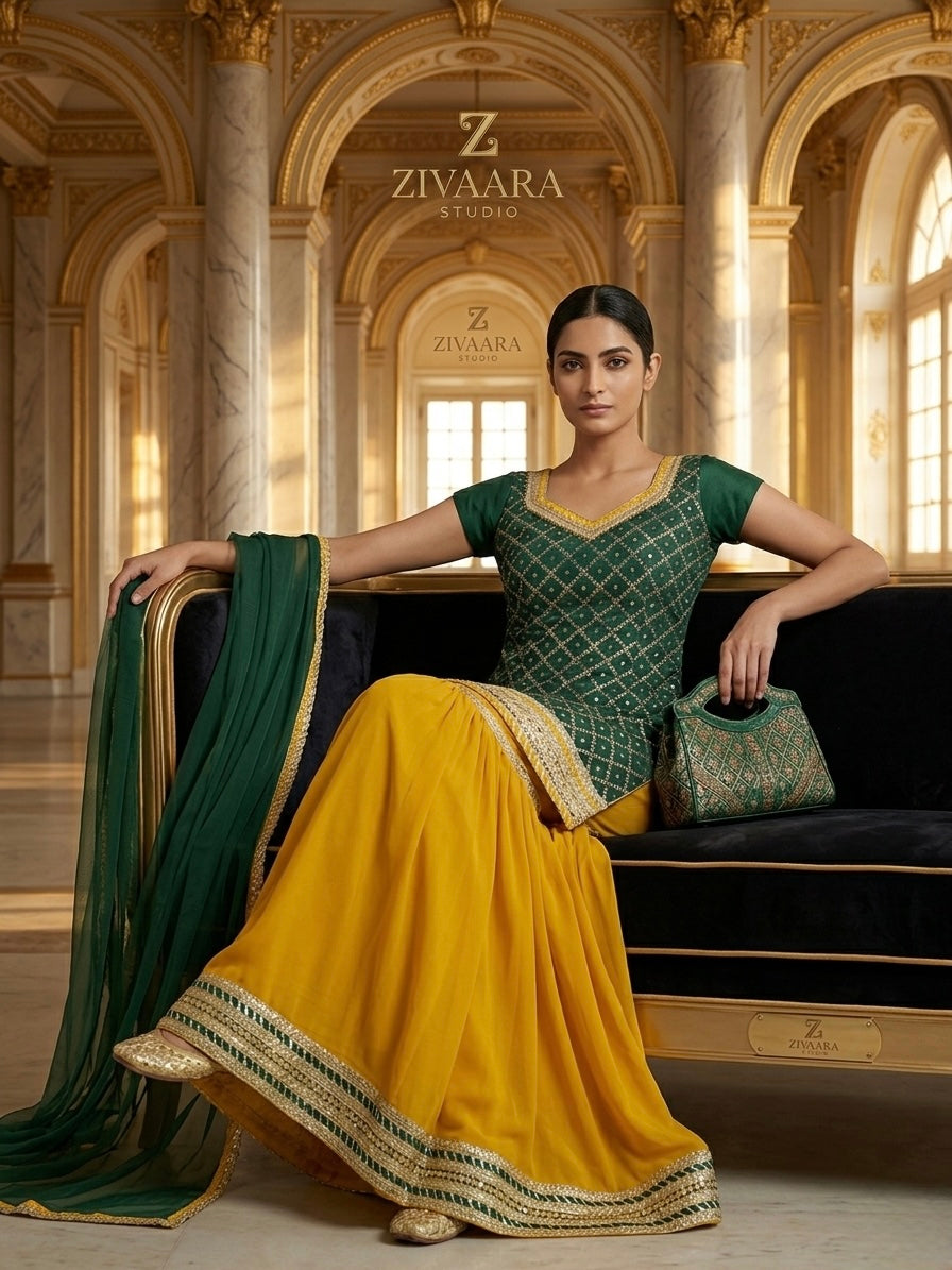 Luxurious Jahanara Emerald Mustard Gharara Set - Gharara Set by ZIVAARA Studio