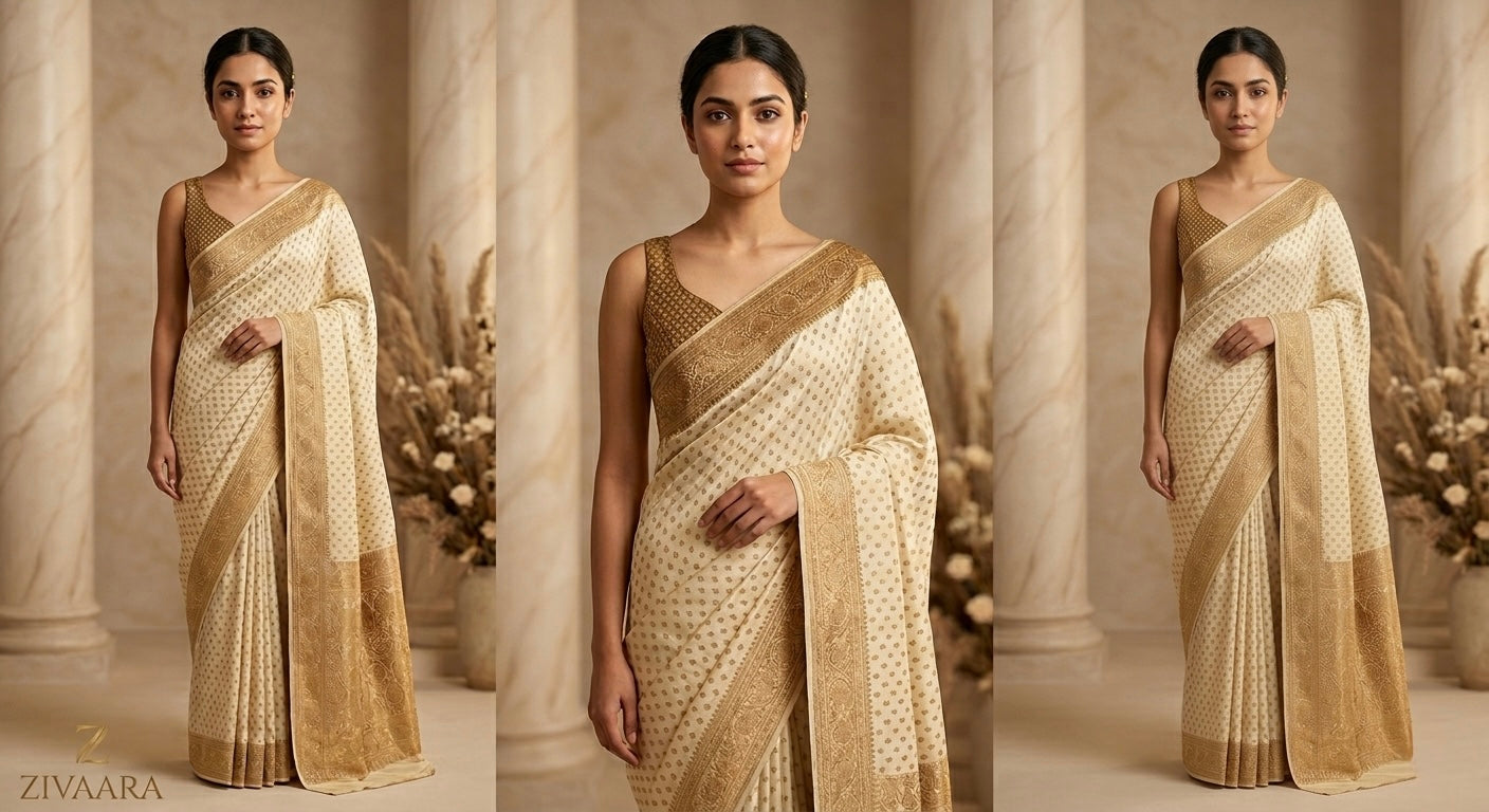 Ivory Heirloom Banarasi Saree full length view - Banarasi Saree by ZIVAARA Studio