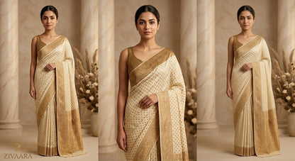 Ivory Heirloom Banarasi Saree full length view - Banarasi Saree by ZIVAARA Studio