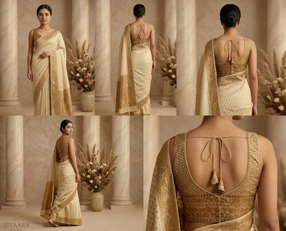 Model wearing Ivory Heirloom Banarasi Saree - Banarasi Saree by ZIVAARA Studio