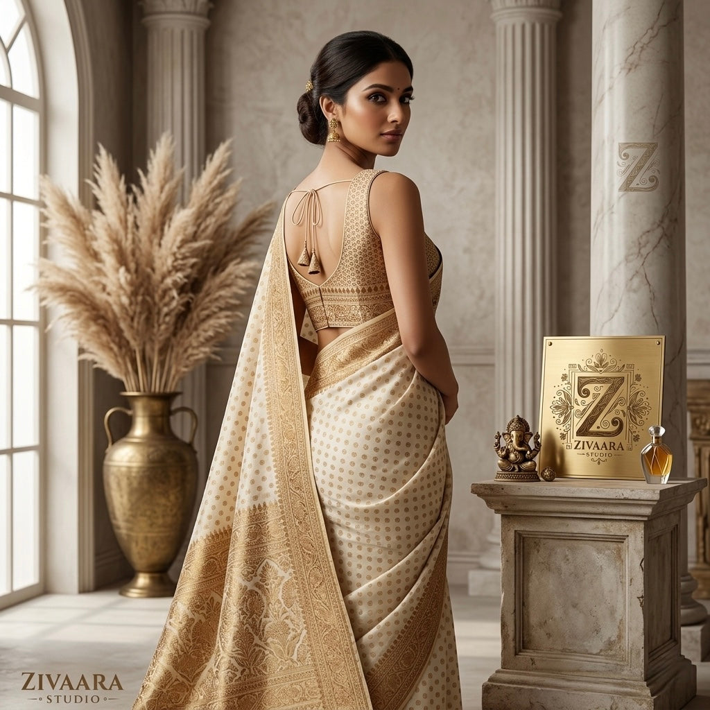 Ivory Heirloom Banarasi Saree drape detail - Banarasi Saree by ZIVAARA Studio