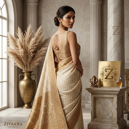 Ivory Heirloom Banarasi Saree drape detail - Banarasi Saree by ZIVAARA Studio