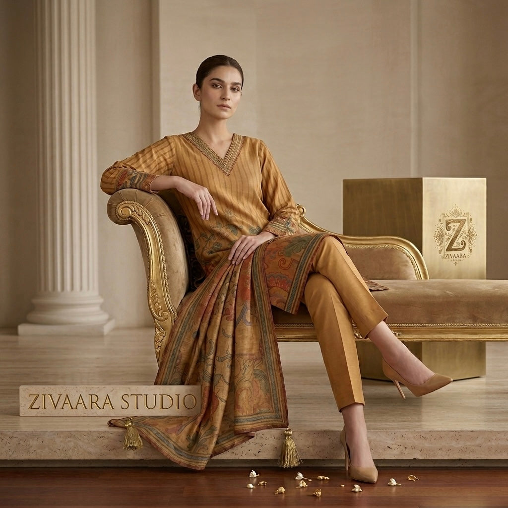 Model wearing Heritage Mustard Printed Silk Kurta - Silk Kurta Set by ZIVAARA Studio