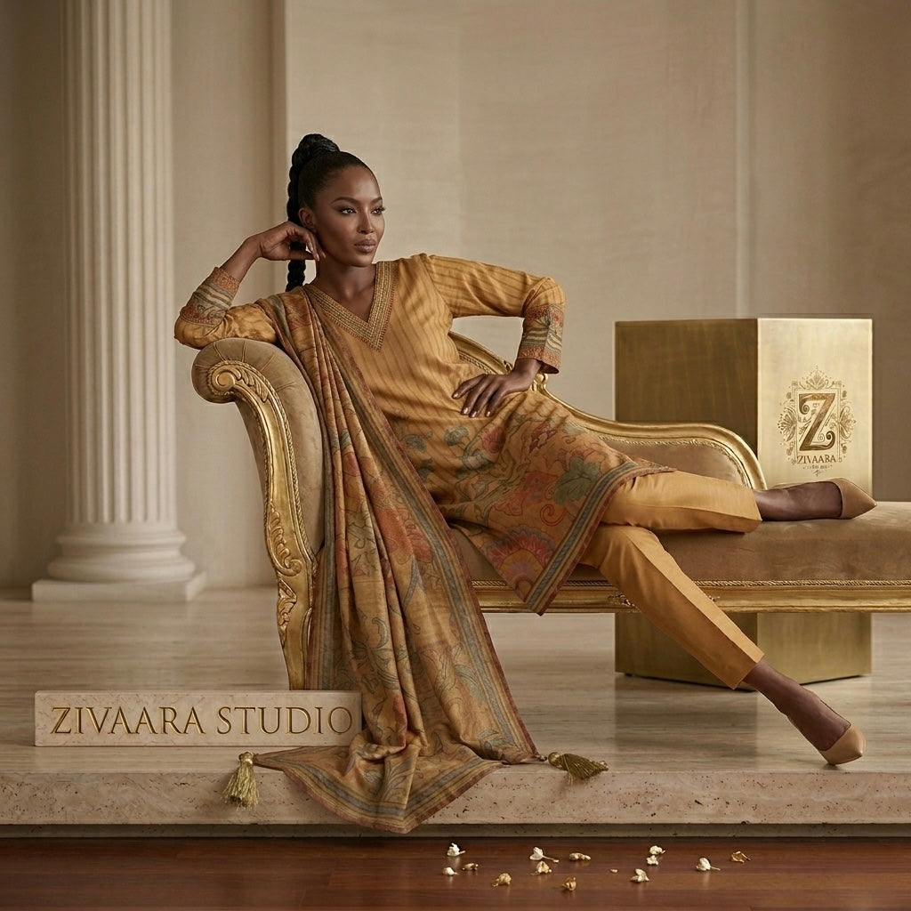 Heritage Mustard Printed Silk Kurta side view - Silk Kurta Set by ZIVAARA Studio