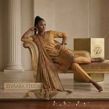 Heritage Mustard Printed Silk Kurta side view - Silk Kurta Set by ZIVAARA Studio
