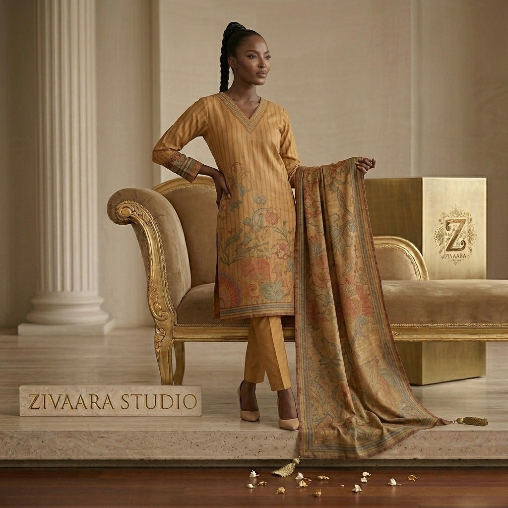 Elegant Heritage Mustard Printed Silk Kurta - Silk Kurta Set by ZIVAARA Studio