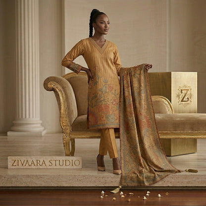 Elegant Heritage Mustard Printed Silk Kurta - Silk Kurta Set by ZIVAARA Studio