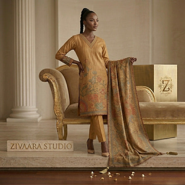 Elegant Heritage Mustard Printed Silk Kurta - Silk Kurta Set by ZIVAARA Studio