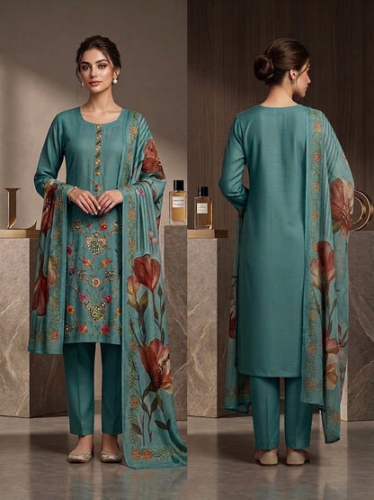 Serene Celestial Teal Embroidered Cotton Silk Kurta - Cotton Silk Kurta Set by ZIVAARA Studio