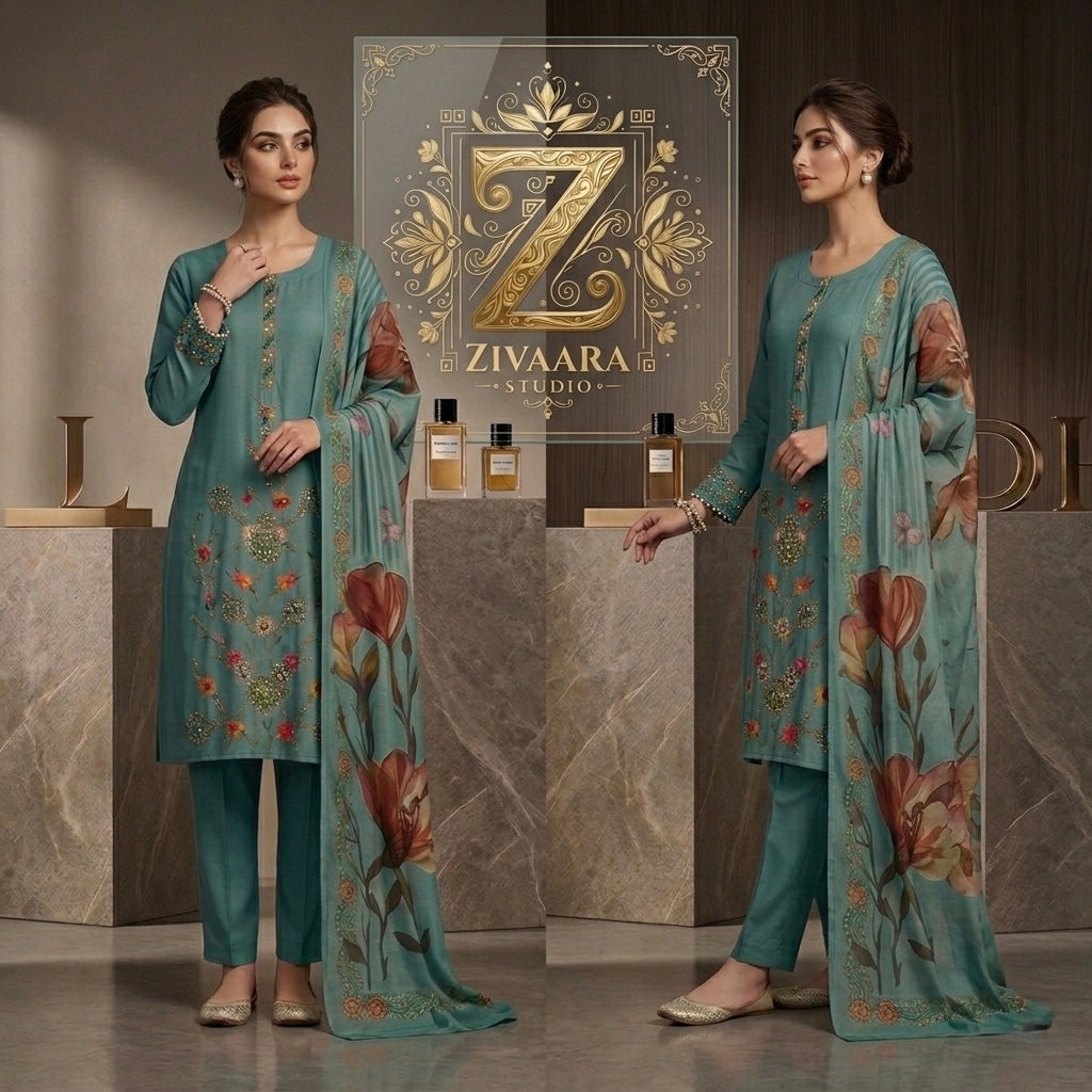 Celestial Teal Embroidered Cotton Silk Kurta side view - Cotton Silk Kurta Set by ZIVAARA Studio