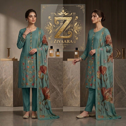 Celestial Teal Embroidered Cotton Silk Kurta side view - Cotton Silk Kurta Set by ZIVAARA Studio