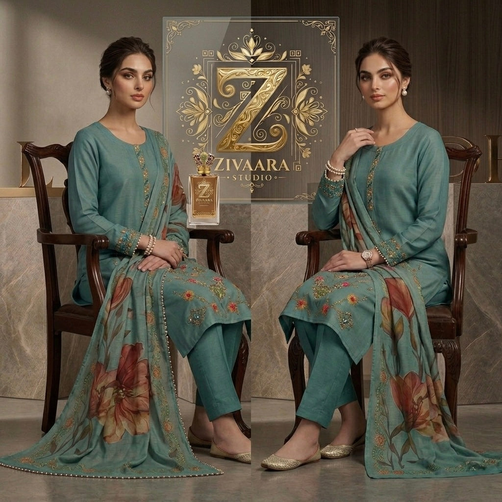 Model wearing Celestial Teal Embroidered Cotton Silk Kurta - Cotton Silk Kurta Set by ZIVAARA Studio
