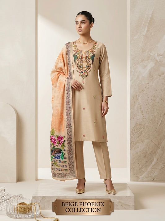 Majestic Beige Phoenix Embroidered Cotton Silk Kurta - Cotton Silk Kurta Set by ZIVAARA Studio