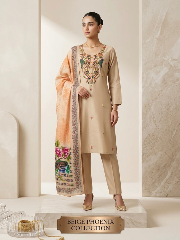 Majestic Beige Phoenix Embroidered Cotton Silk Kurta - Cotton Silk Kurta Set by ZIVAARA Studio