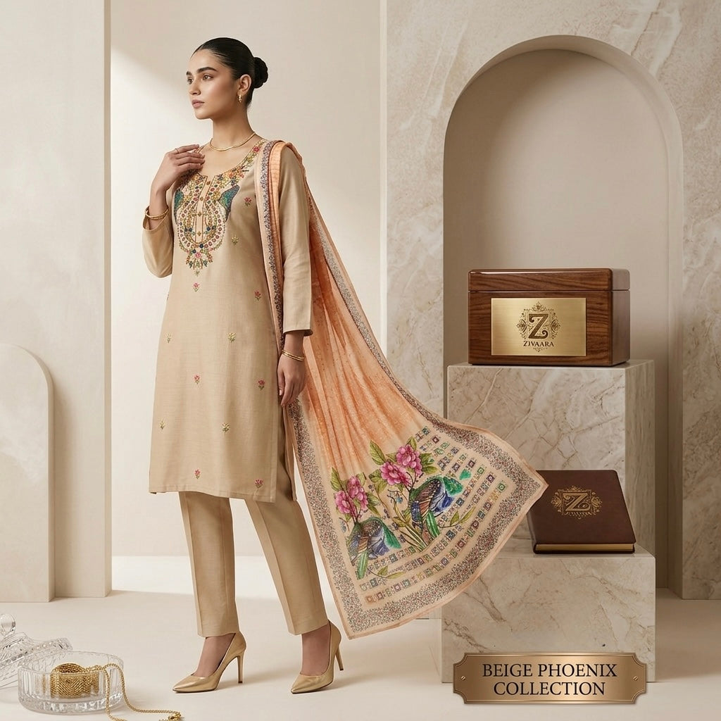 Beige Phoenix Embroidered Cotton Silk Kurta side view - Cotton Silk Kurta Set by ZIVAARA Studio