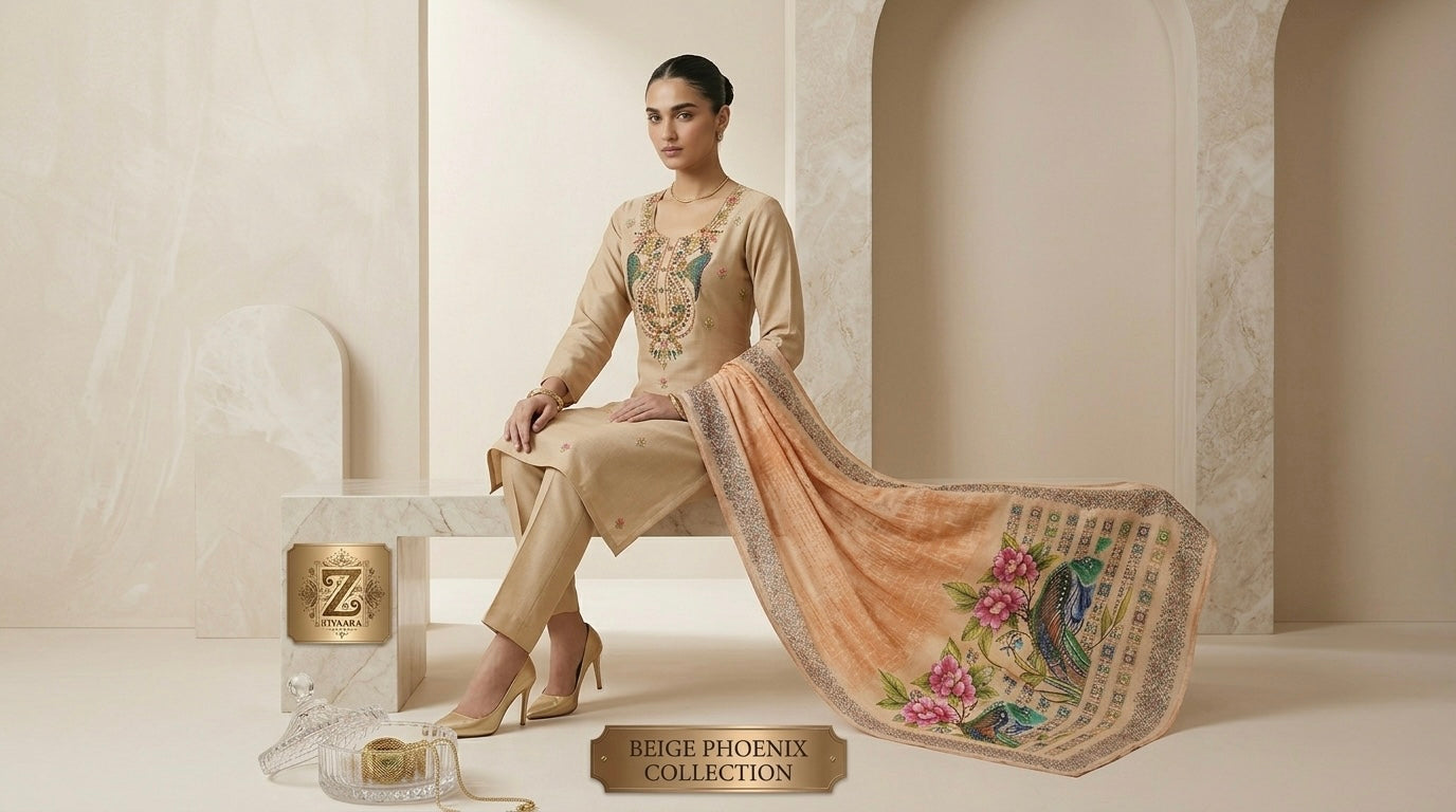 Model wearing Beige Phoenix Embroidered Cotton Silk Kurta - Cotton Silk Kurta Set by ZIVAARA Studio