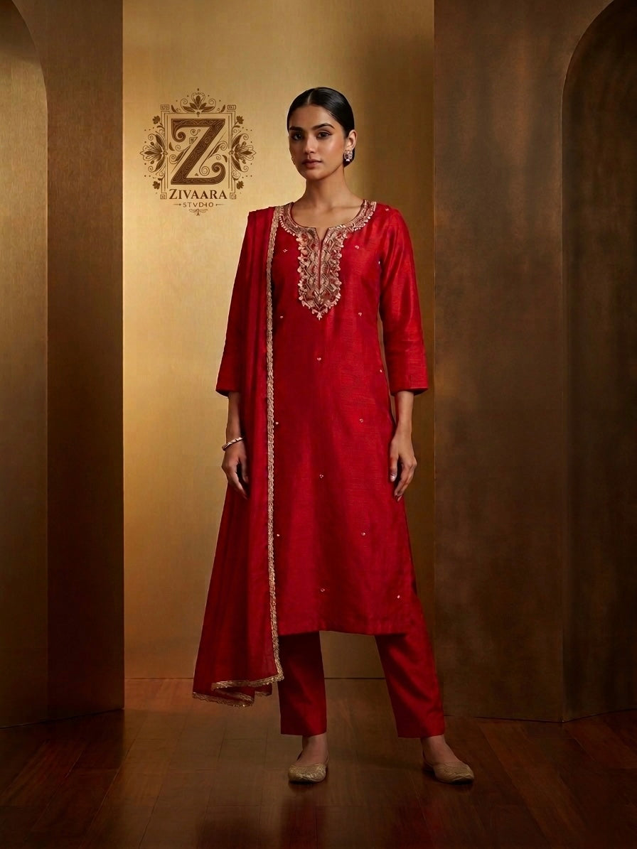 Crimson Noor Embroidered Silk Kurta side view - Silk Kurta Set by ZIVAARA Studio
