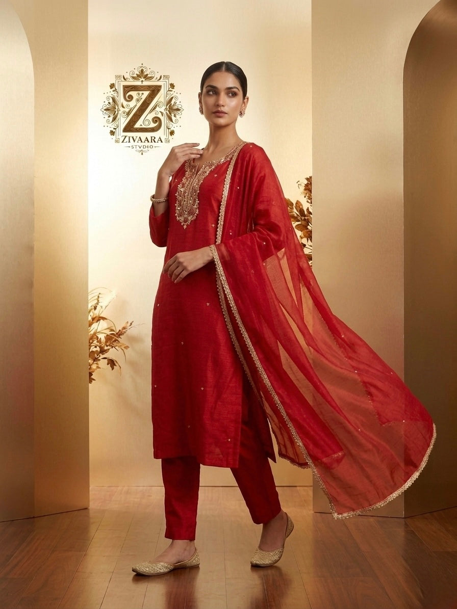 Model wearing Crimson Noor Embroidered Silk Kurta - Silk Kurta Set by ZIVAARA Studio