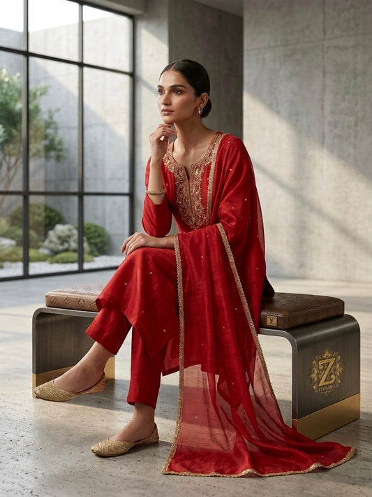 Radiant Crimson Noor Embroidered Silk Kurta - Silk Kurta Set by ZIVAARA Studio