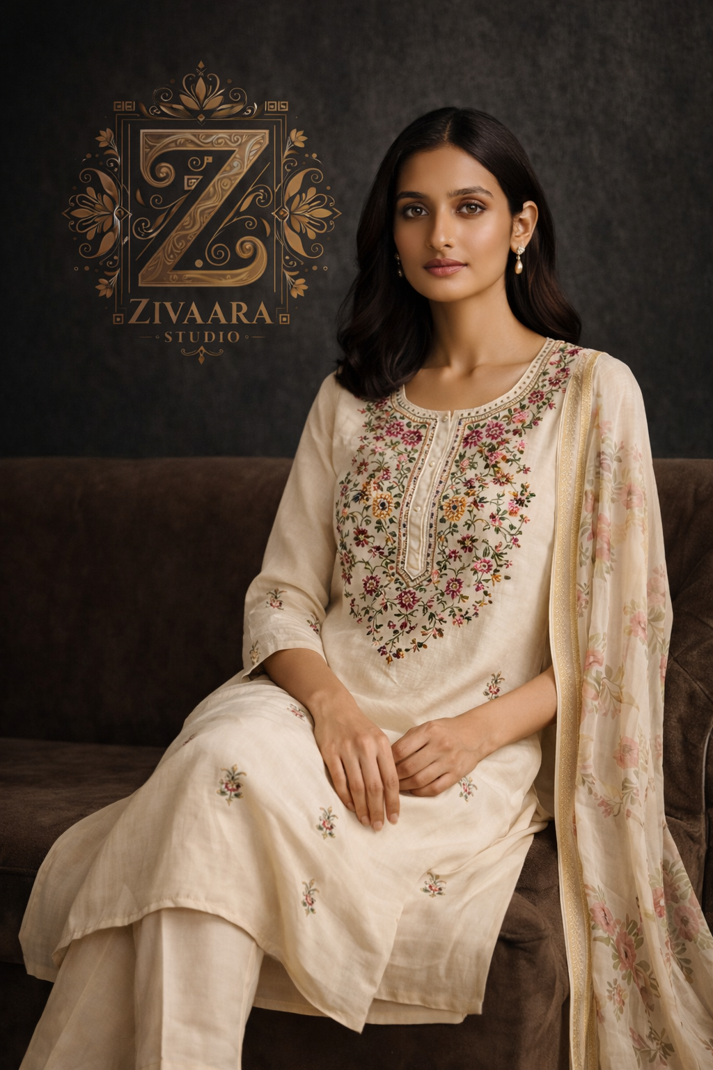 Ivory Heritage Embroidered Kurta Set side view - Kurta Set by ZIVAARA Studio