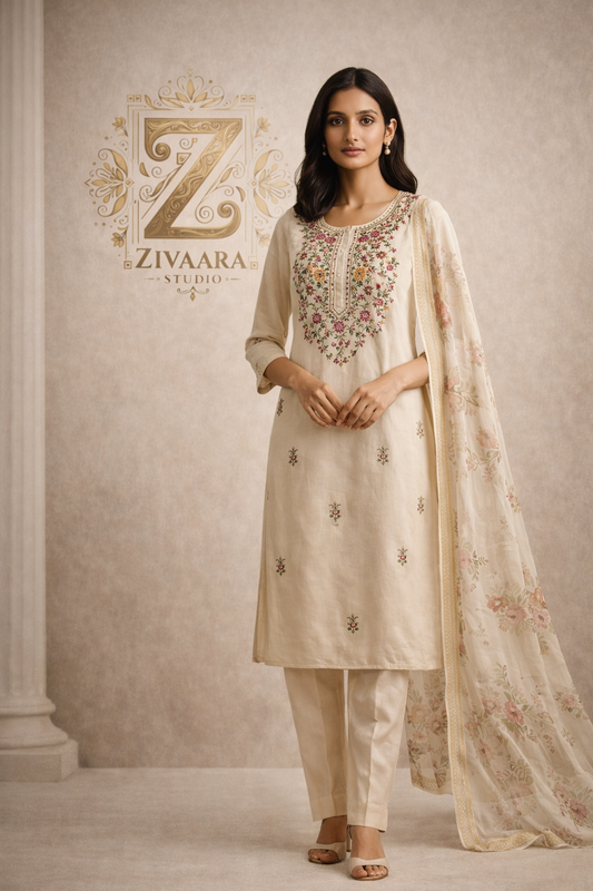 Elegant Ivory Heritage Embroidered Kurta Set - Kurta Set by ZIVAARA Studio