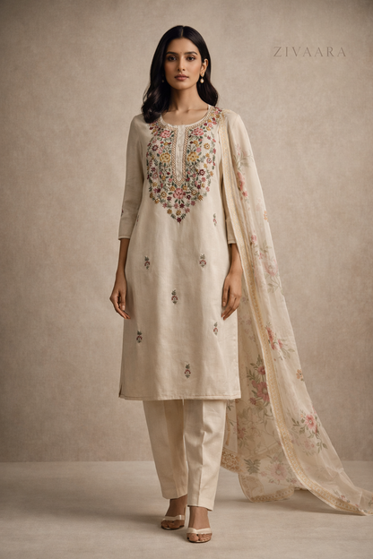 Model wearing Ivory Heritage Embroidered Kurta Set - Kurta Set by ZIVAARA Studio