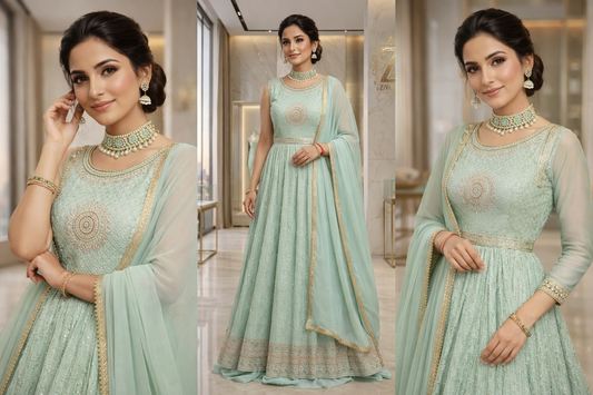 Fresh Mint Elan Embroidered Anarkali Sharara - Anarkali Sharara by ZIVAARA Studio