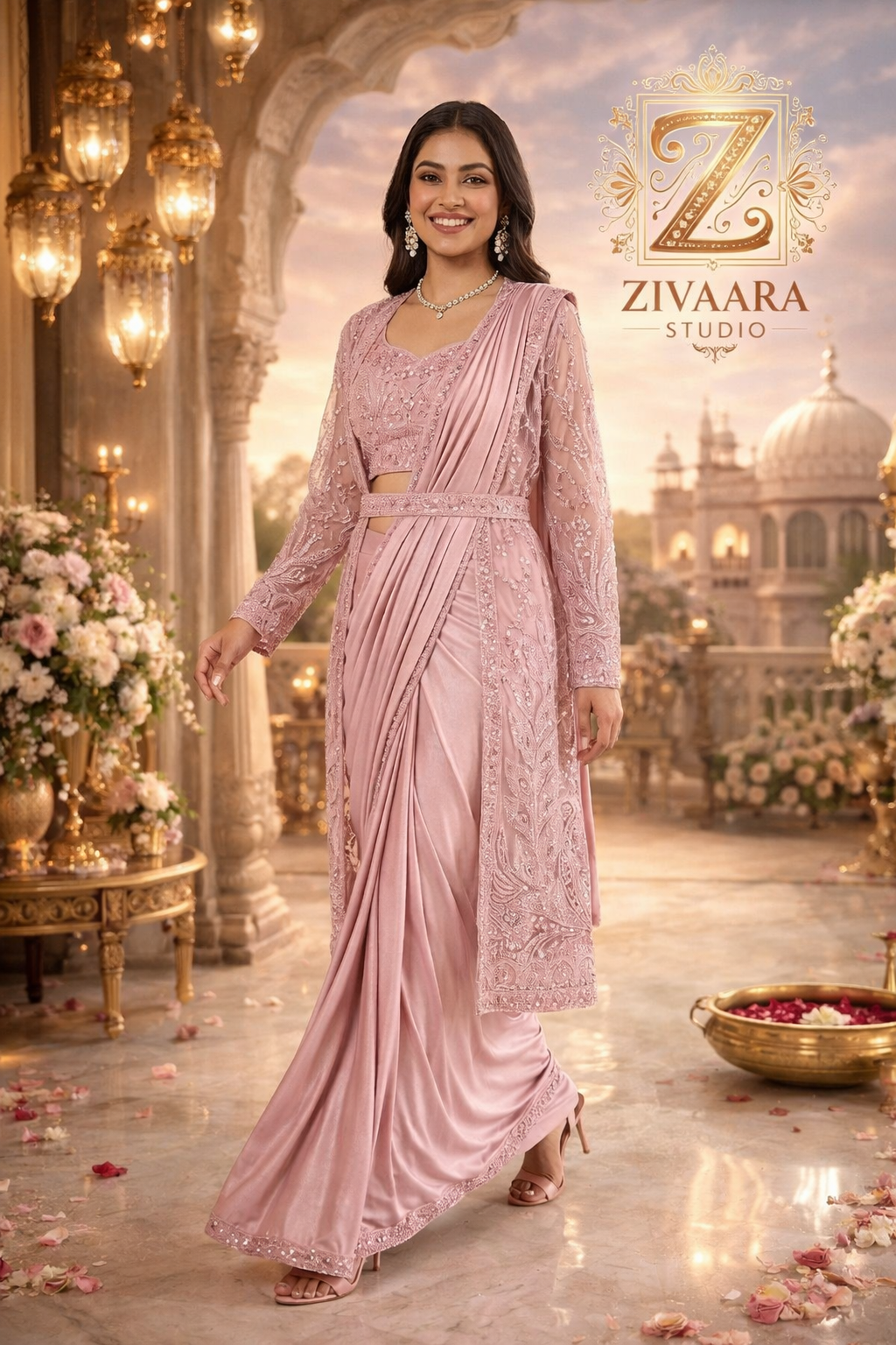 Model wearing Gulabi Dust Pre-Draped Saree - Pre-Draped Saree by ZIVAARA Studio