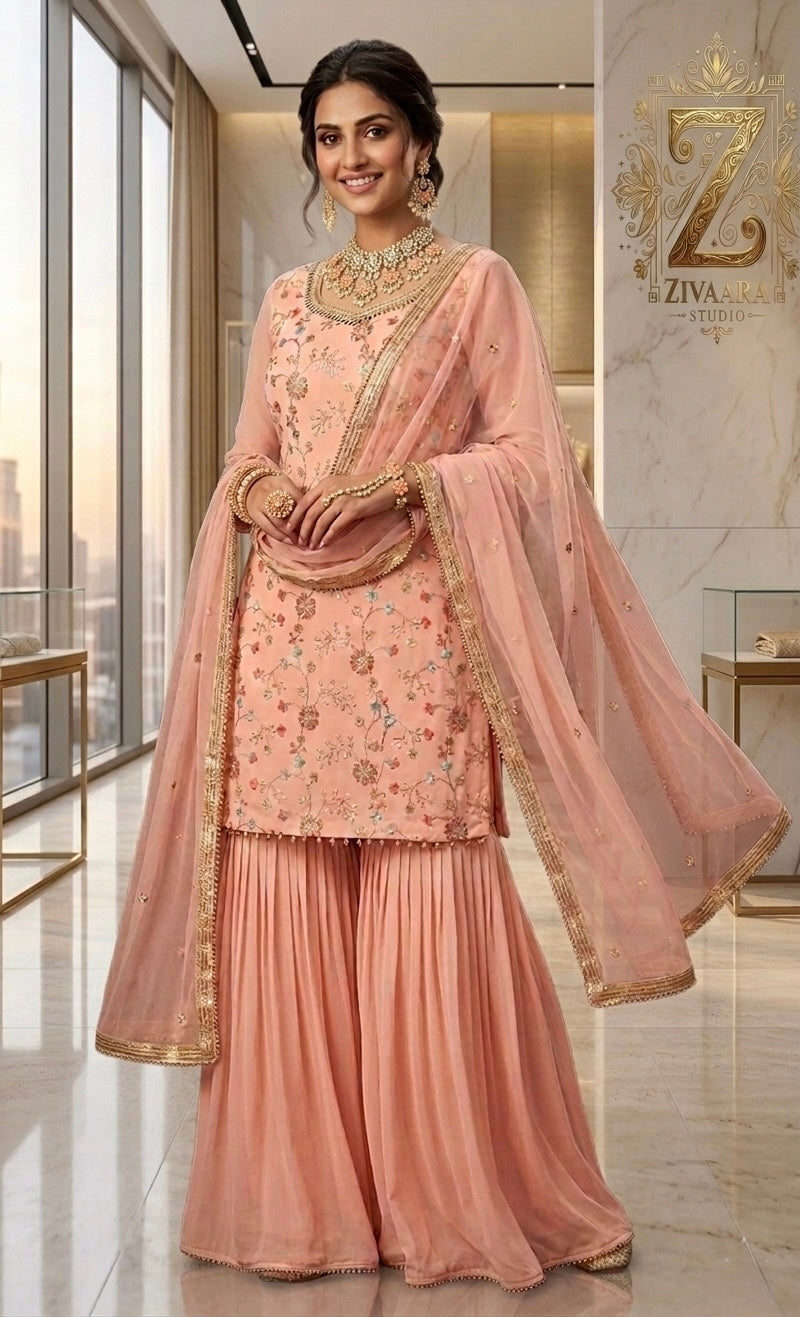 Rose Noor Embroidered Gharara Set detail view - Gharara Set by ZIVAARA Studio
