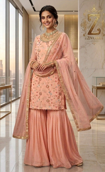 Rose Noor Embroidered Gharara Set detail view - Gharara Set by ZIVAARA Studio