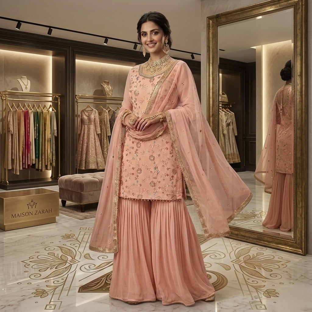 Model wearing Rose Noor Embroidered Gharara Set - Gharara Set by ZIVAARA Studio