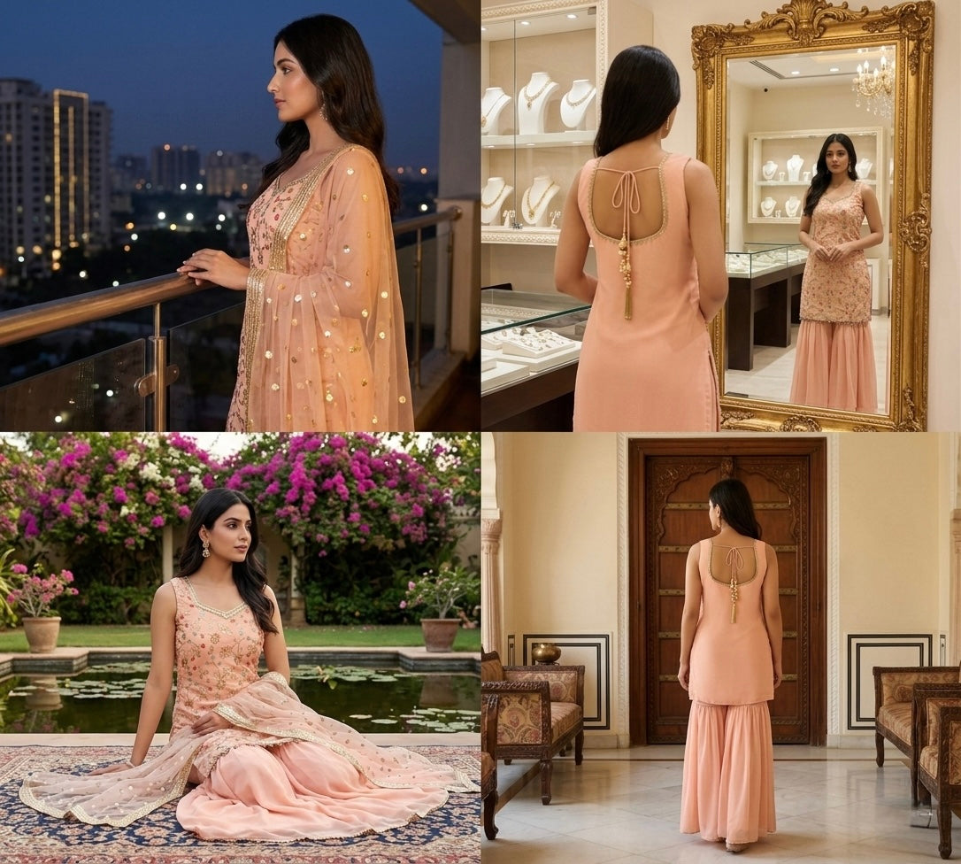 Rose Noor Embroidered Gharara Set side view - Gharara Set by ZIVAARA Studio